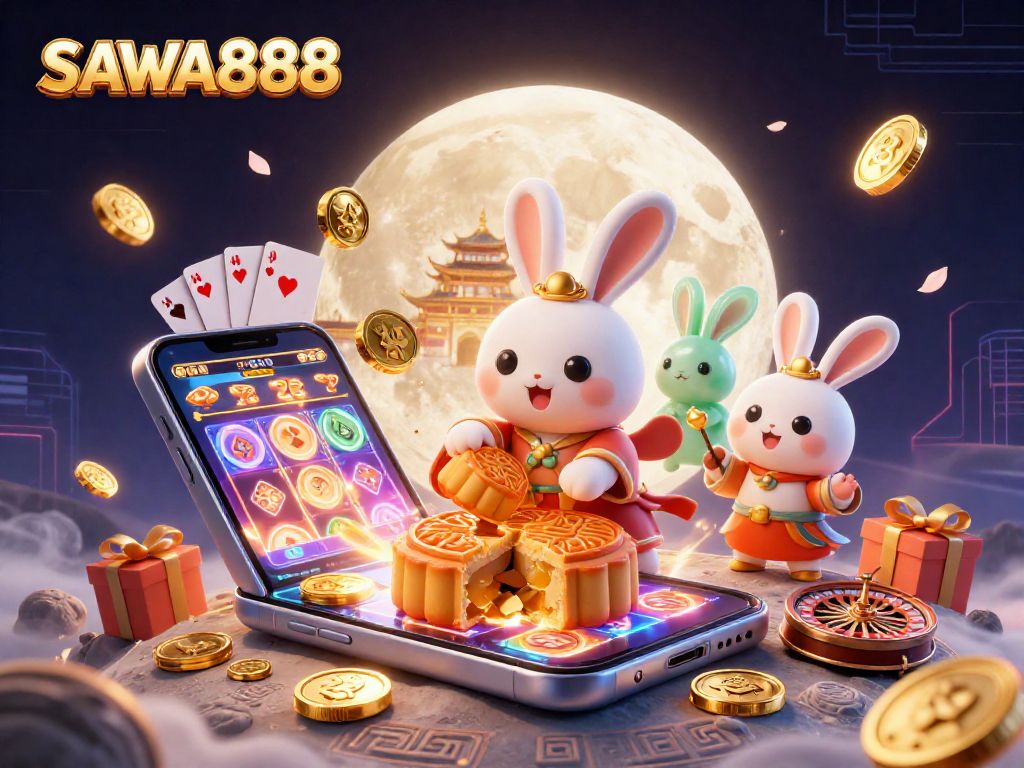 Experience excitement with SAWA888, where a moon rabbit reveals hidden treasures amidst a vibrant casino atmosphere.