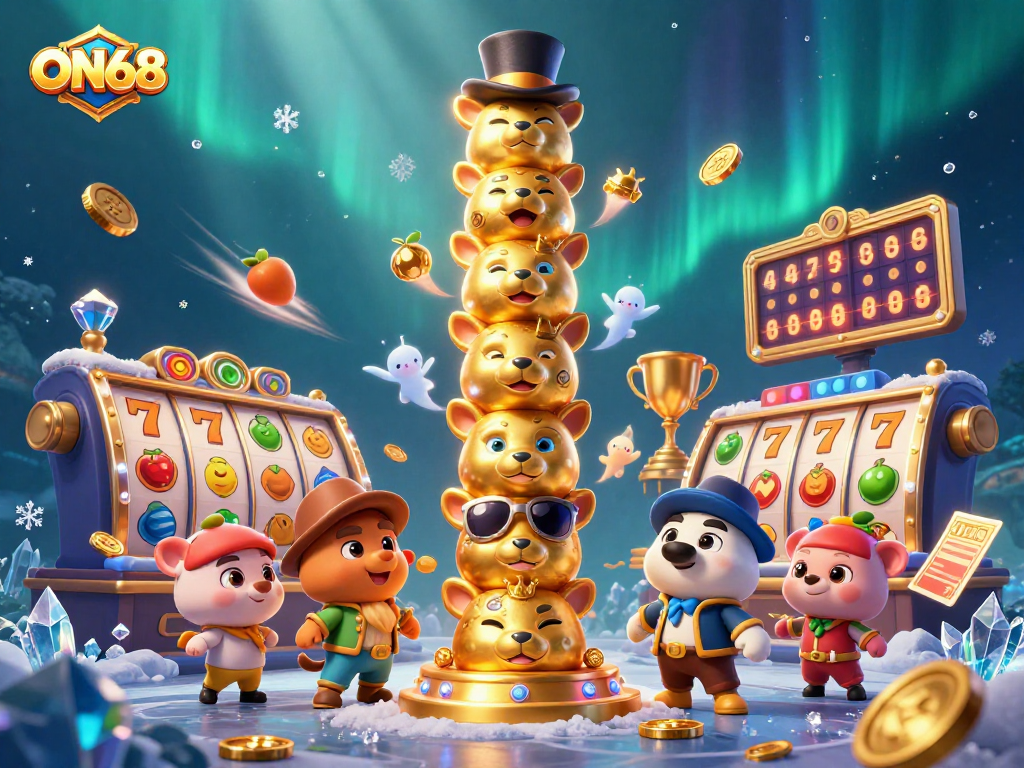 Engage in ON68's thrilling jackpot slots with vibrant illustrations showcasing dynamic gameplay and live winnings.
