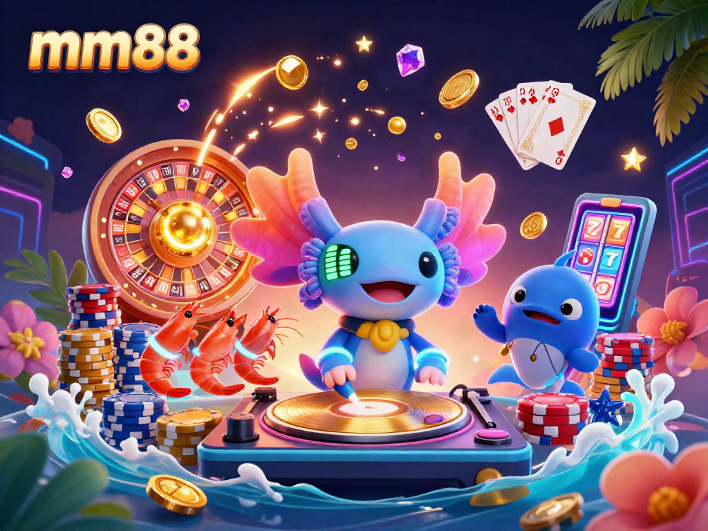 Experience the vibrant energy of mm88 with a dynamic 3D casino scene featuring lively characters and exciting gaming elements.
