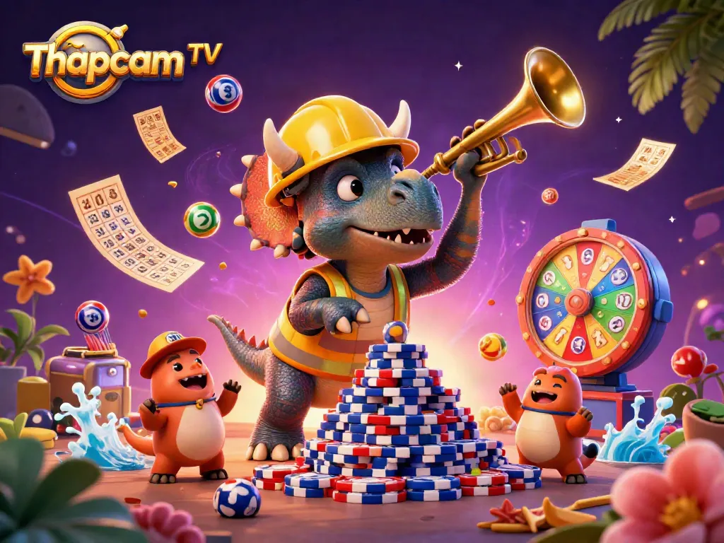 Experience the excitement of Thapcam TV with vibrant casino-themed 3D illustration showcasing playful characters.