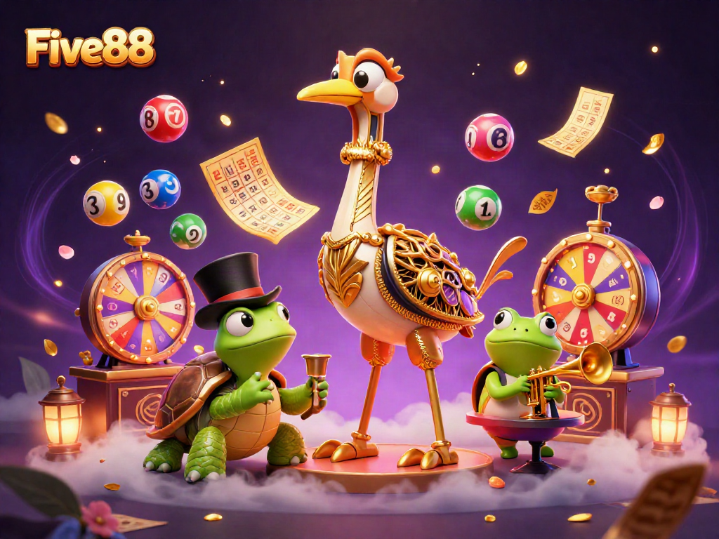 Engage in thrilling gameplay with Five88's vibrant lottery balls and dynamic casino characters.