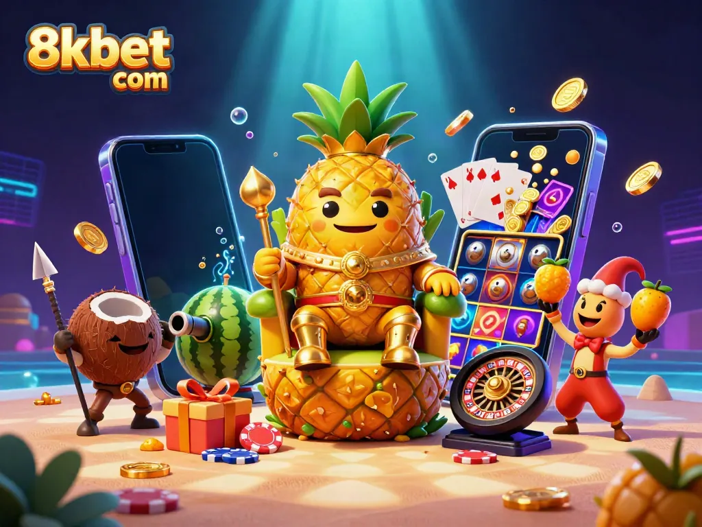 Engage with 8xbet com through a fun-filled casino adventure featuring a golden pineapple king.