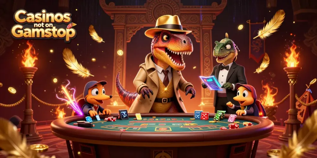 Engaging scene of casinos not on Gamstop with 3D cartoon velociraptor card counter at blackjack table.