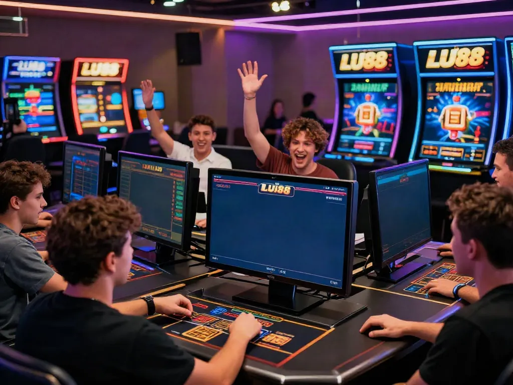 LU88 online gambling experience, showcasing diverse players celebrating wins in a vibrant casino setting.
