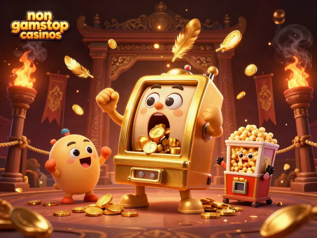 Celebrate at non gamstop casinos with a vibrant jackpot scene featuring animated slot machines and golden coins.