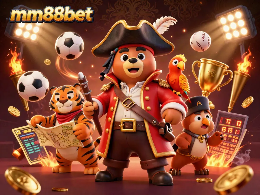 Bet big with mm88bet showcasing a pirate captain bear and tiger in a vibrant casino scene.