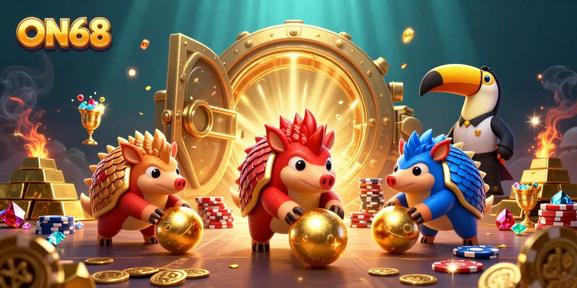 ON68 gaming pangolins bowling through poker chips in a dynamic casino scene.