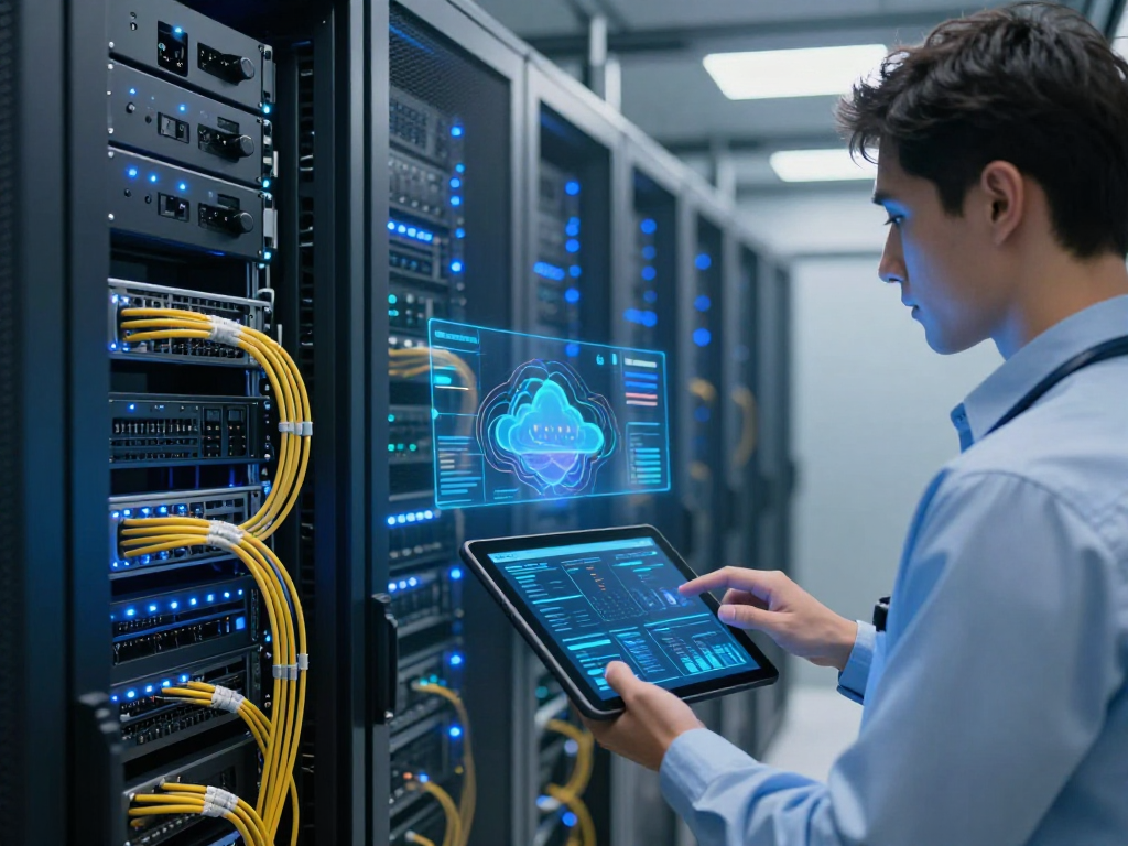 Iptv reseller panel in a cloud data centre showcasing advanced technology and cybersecurity elements.
