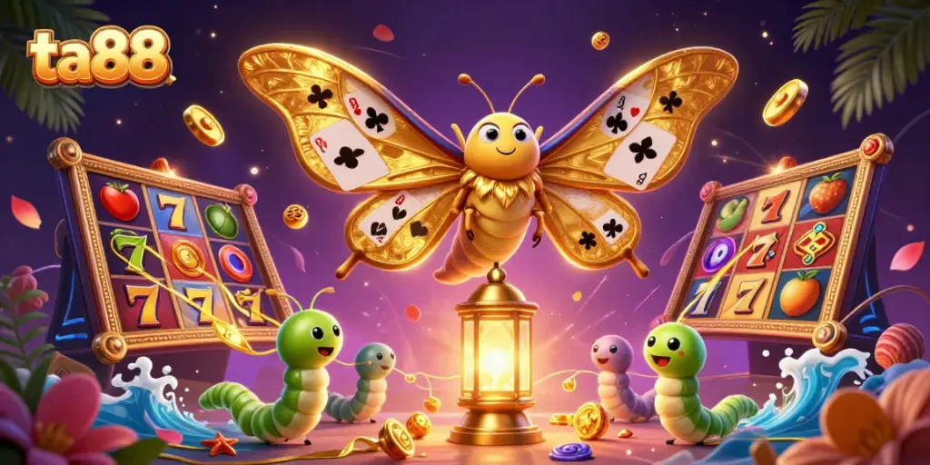 Play exciting slots at ta88 with a vibrant scene of a golden moth surrounded by dynamic casino elements.