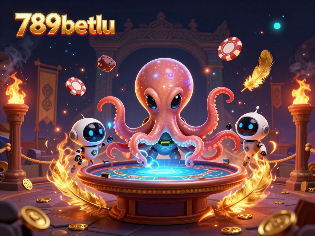 Engage in exciting gameplay at 789betlu, where an alien octopus operates a holographic poker table among cosmic elements.