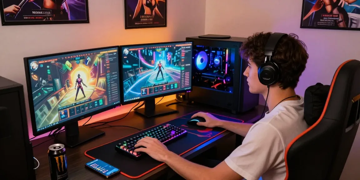 Engaging gamer playing free porn games HTML on dual monitors.