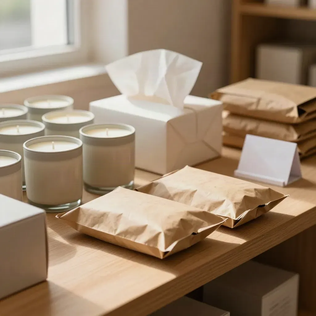 Candle jars, mailers and a card reader stand arranged on a pale wood shelf in warm light.