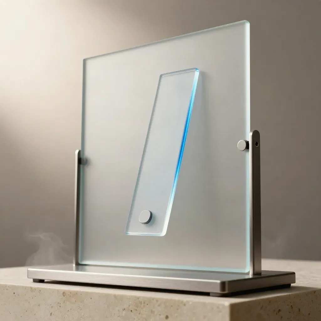 Frosted acrylic panels mid-settle on travertine, low angle with blue edge light and mist.