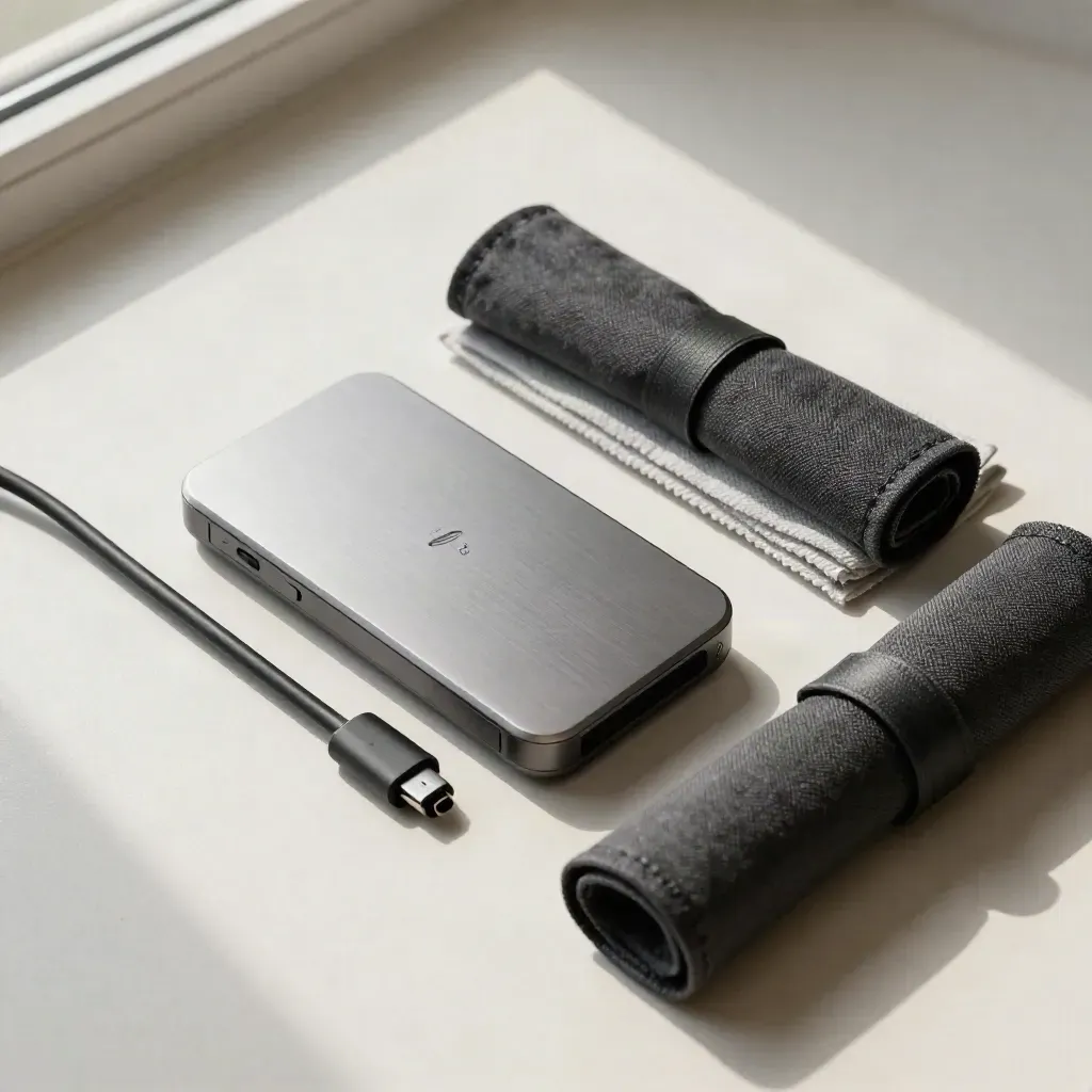 Backup drive, cable and tool roll on pale plaster in a top-down site-care still life.