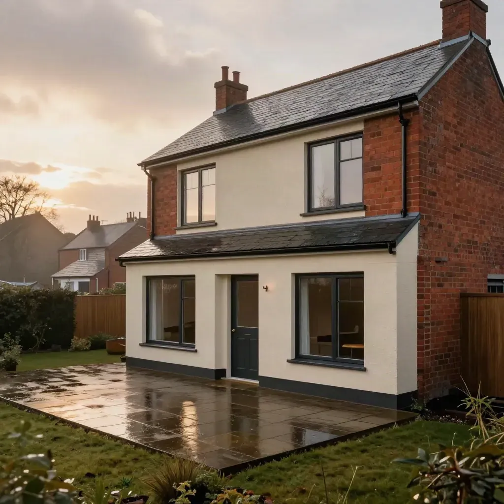 Empty Leeds terrace extension with fresh brick, pale render and rain-dark stone patio in warm evening light.