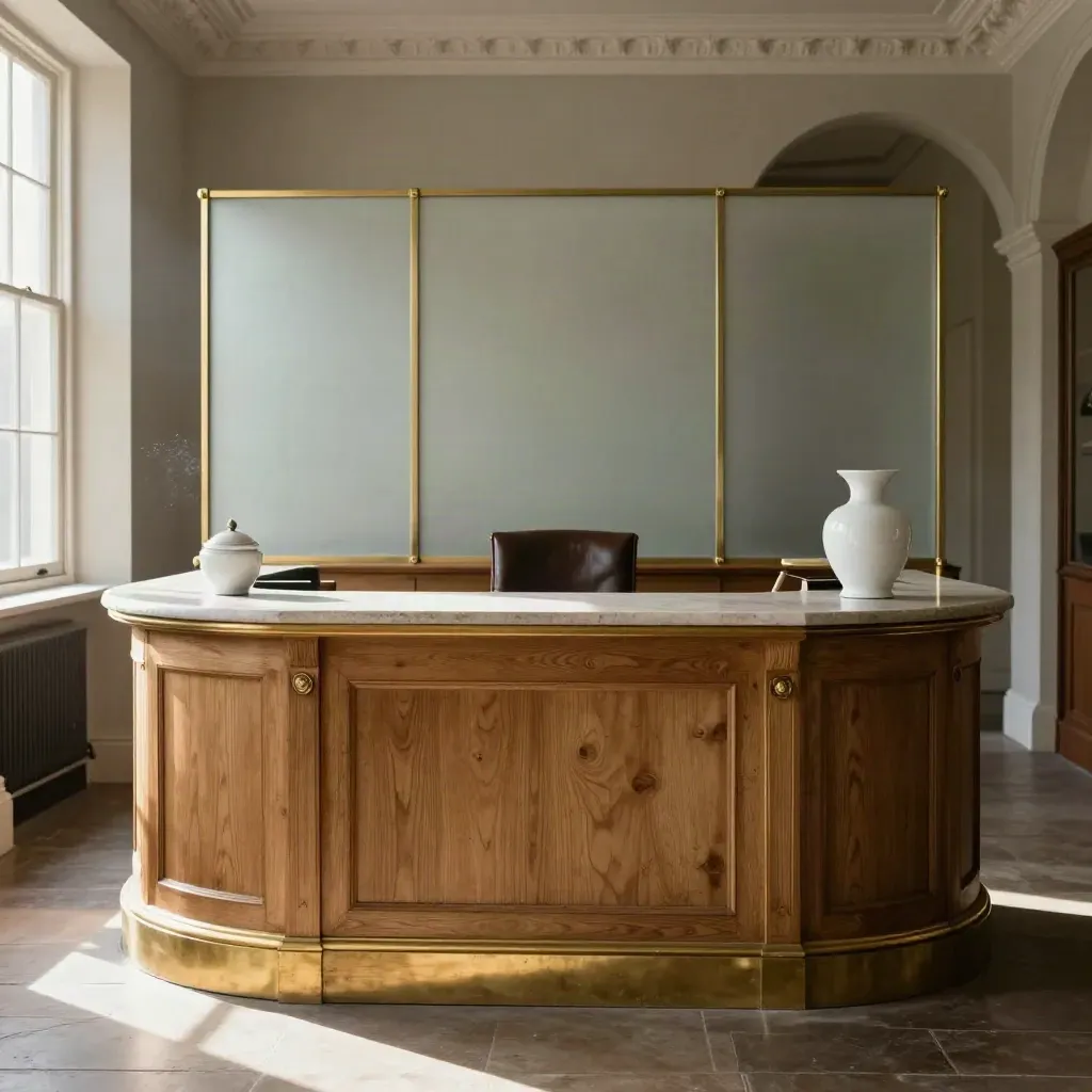 Empty Georgian law office reception with oak, stone and brass in warm morning light.