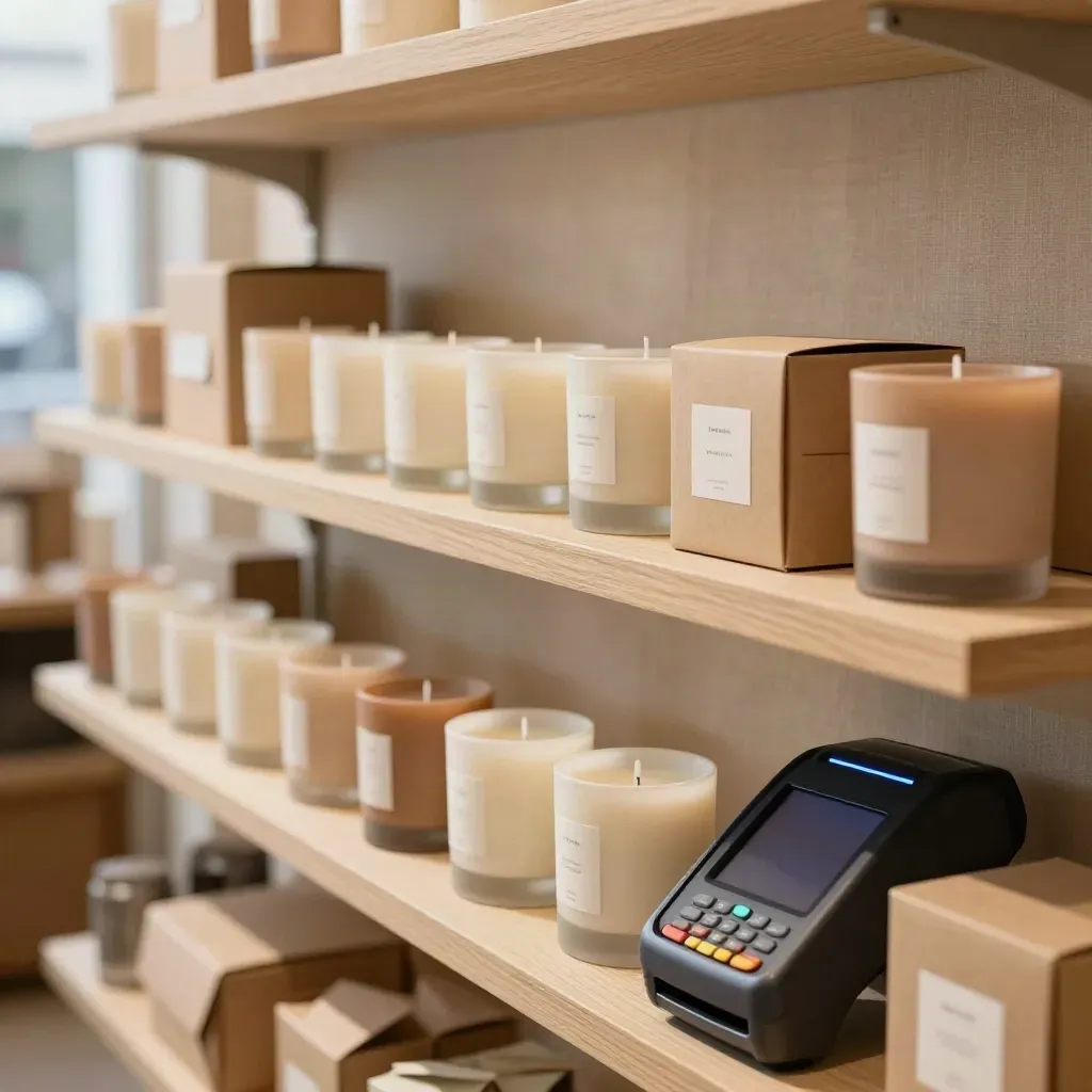 Candle shop shelf with ceramic candles, kraft parcels and a card terminal on pale wood.