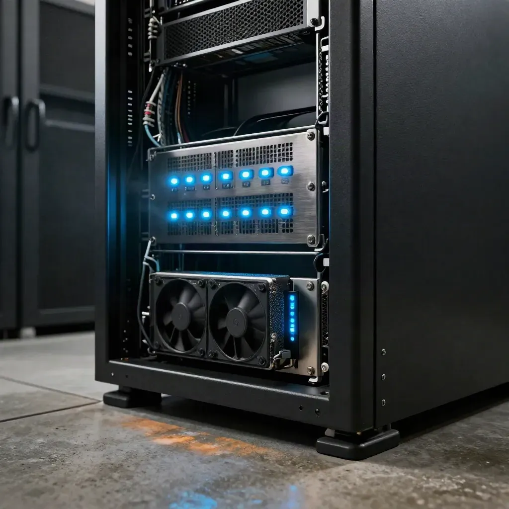 Dark server corner with blue LEDs, routed cables and a cooled workstation in moody haze.