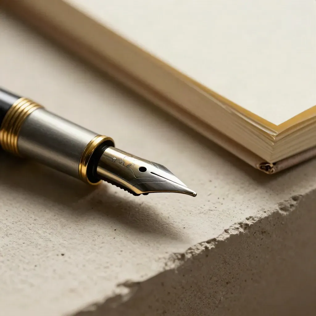 Macro of a fountain pen nib, brass punctuation blocks, pencil and cream notebook on pale plaster.