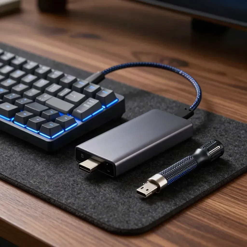 Keyboard, hub, SSD and braided ethernet cable on charcoal felt with electric blue glow