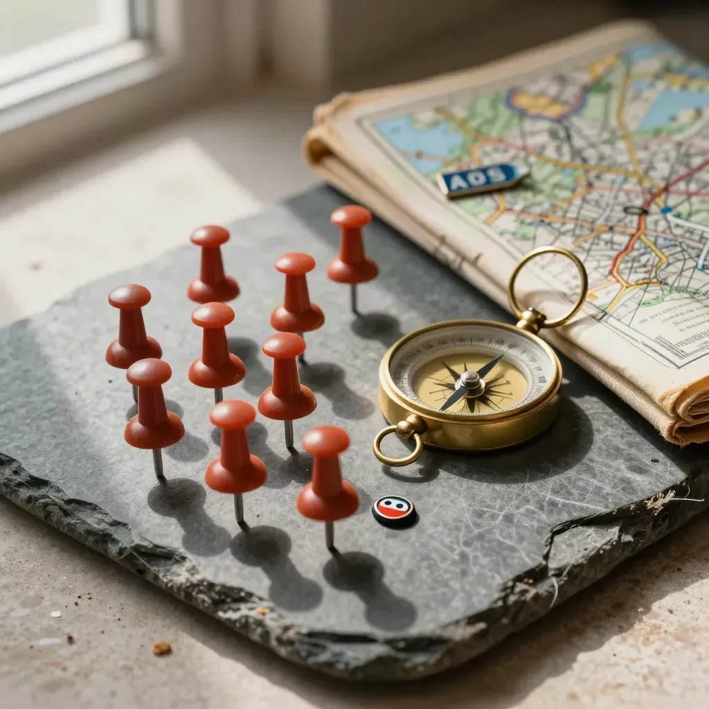 Overhead still life of map pins, brass medallion, route markers and a closed atlas on stone