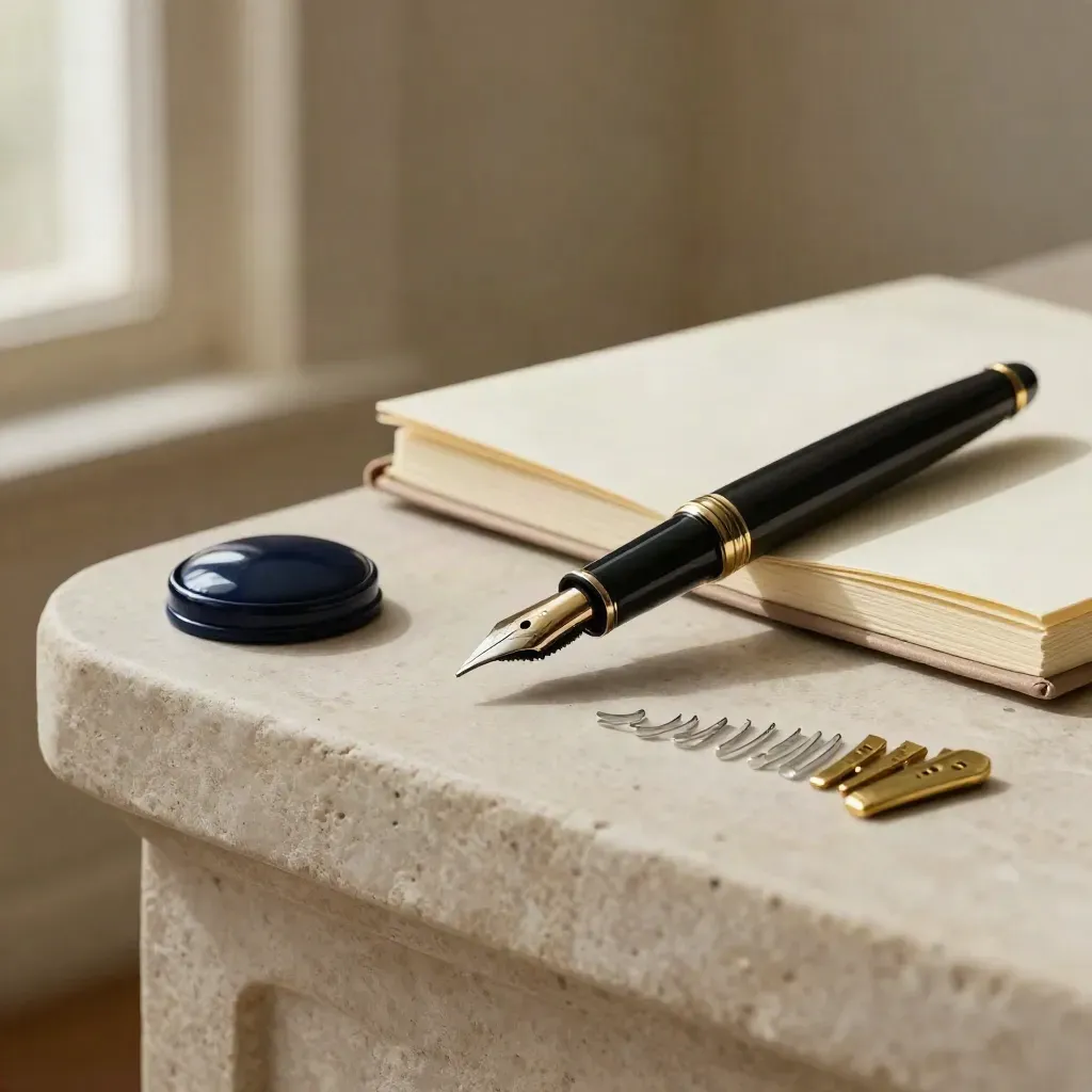 Fountain nib, brass punctuation pieces and closed cream notebook on pale stone ledge