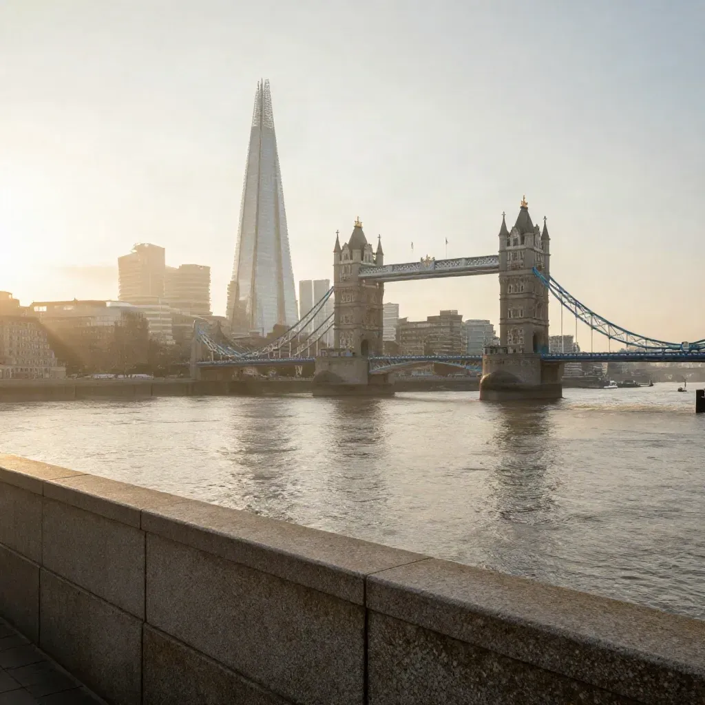 London skyline with The Shard and Tower Bridge above a misty Thames at dawn.