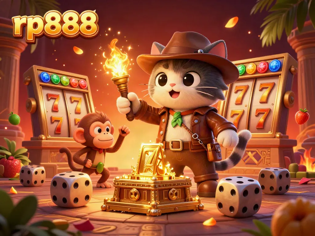 Win big with rp888 in this vibrant illustration of a casino adventure featuring lucky 7s and slot reels.