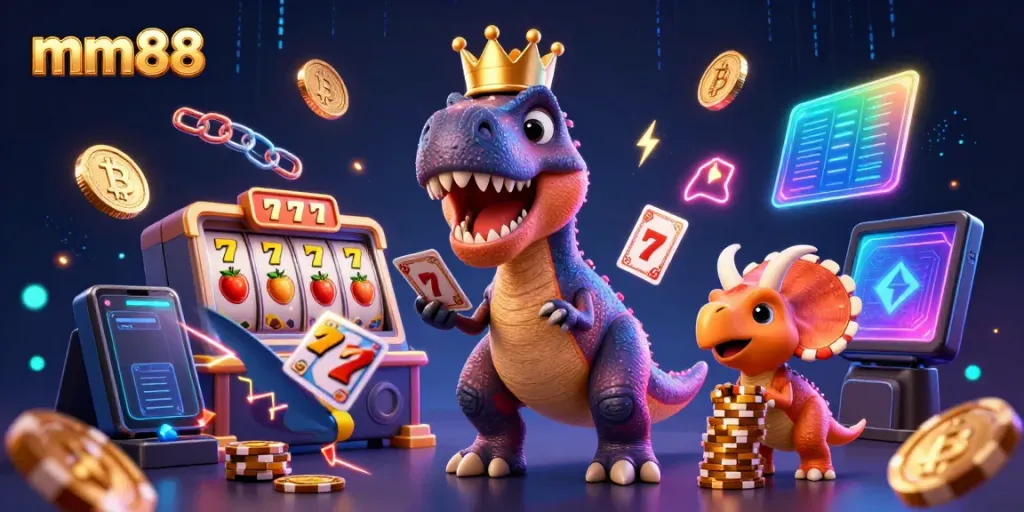Experience thrilling gameplay at mm88 with fun characters and dazzling casino elements in a packed illustration.