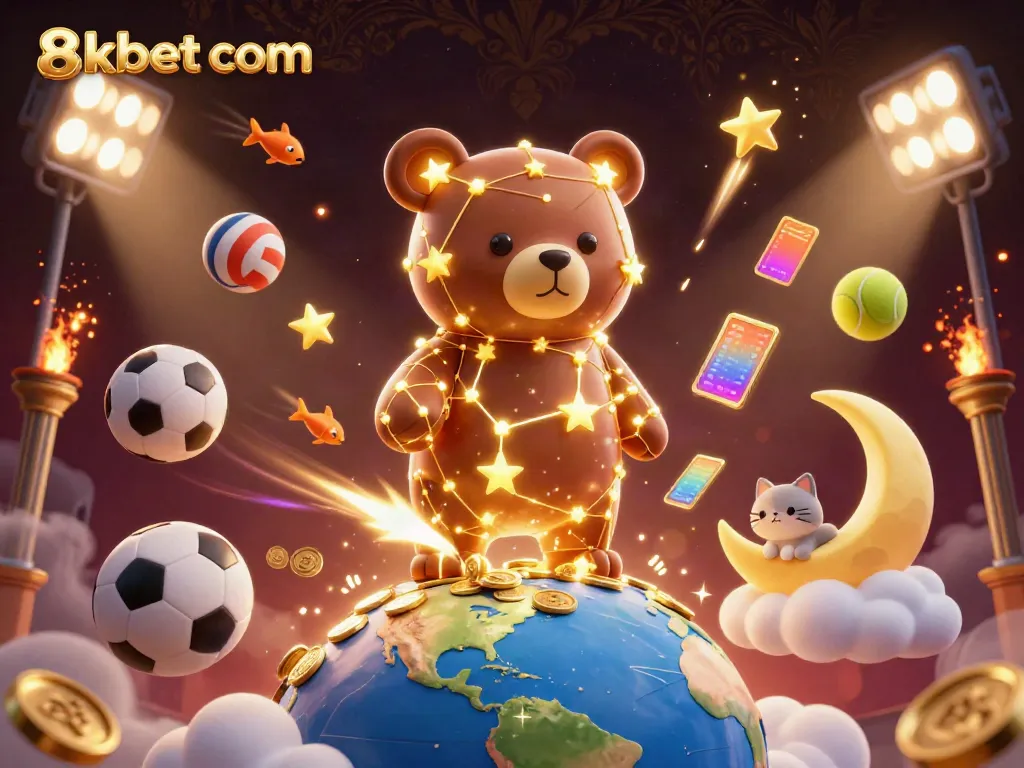 Engage with 8xbet com and enjoy dynamic gaming action illustrated with a golden constellation bear amidst sports elements.