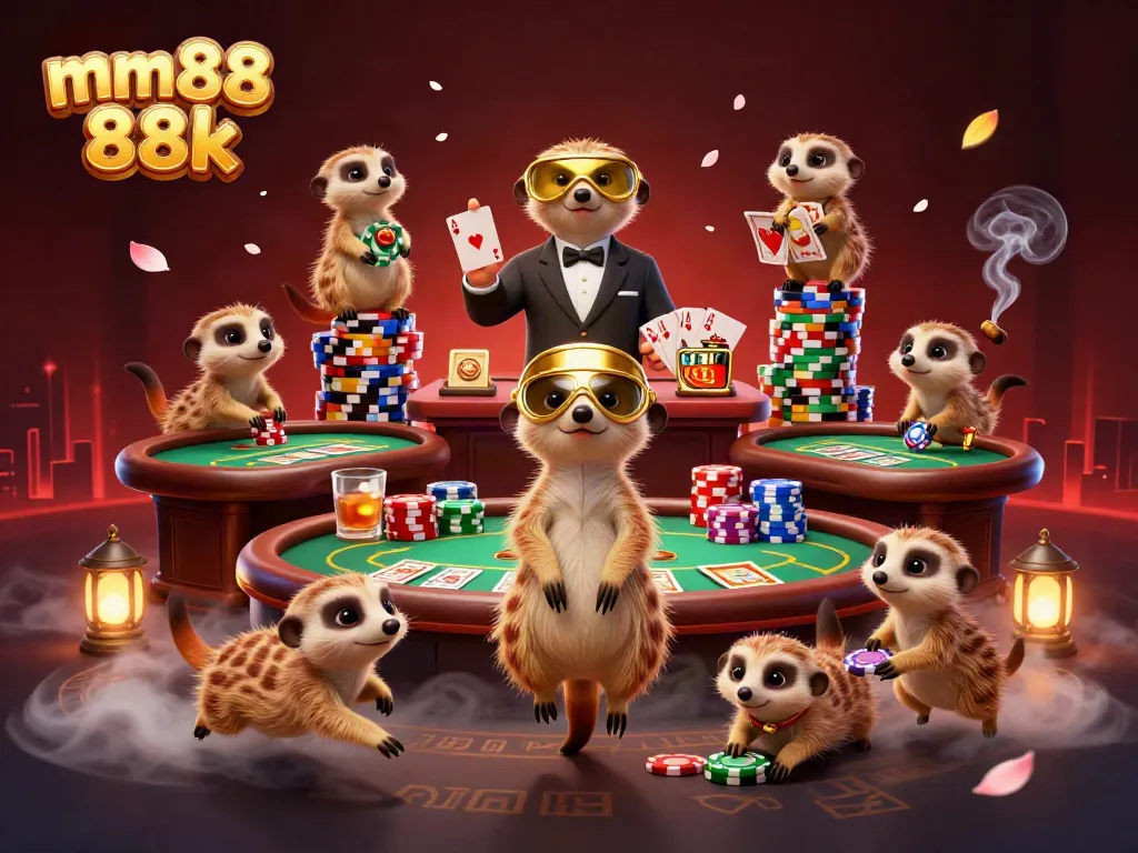 Experience the thrilling gameplay of mm88 88k with meerkats running a vibrant casino scene.