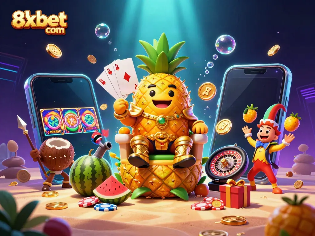 Experience the excitement of 8xbet com with a vibrant beach casino scene featuring animated characters and gaming elements.