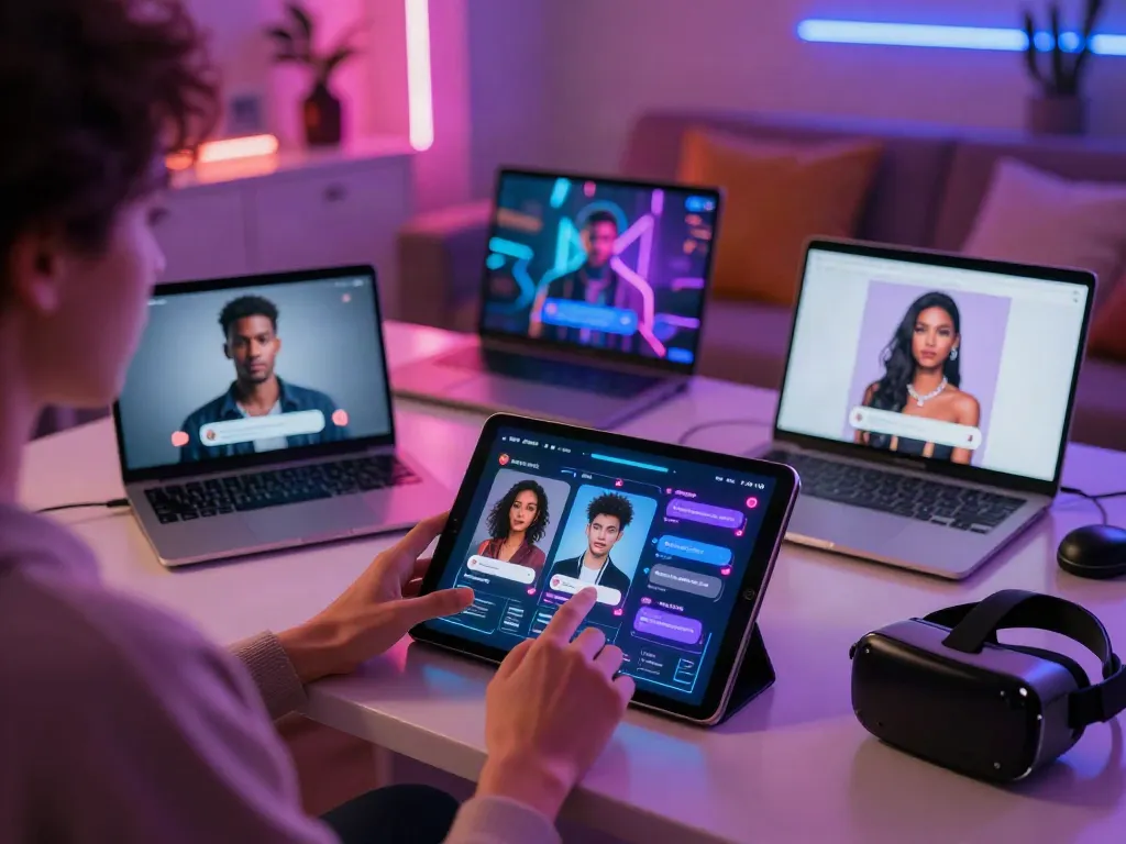 Immersive AI chat porn scene with interactive technology and diverse avatars