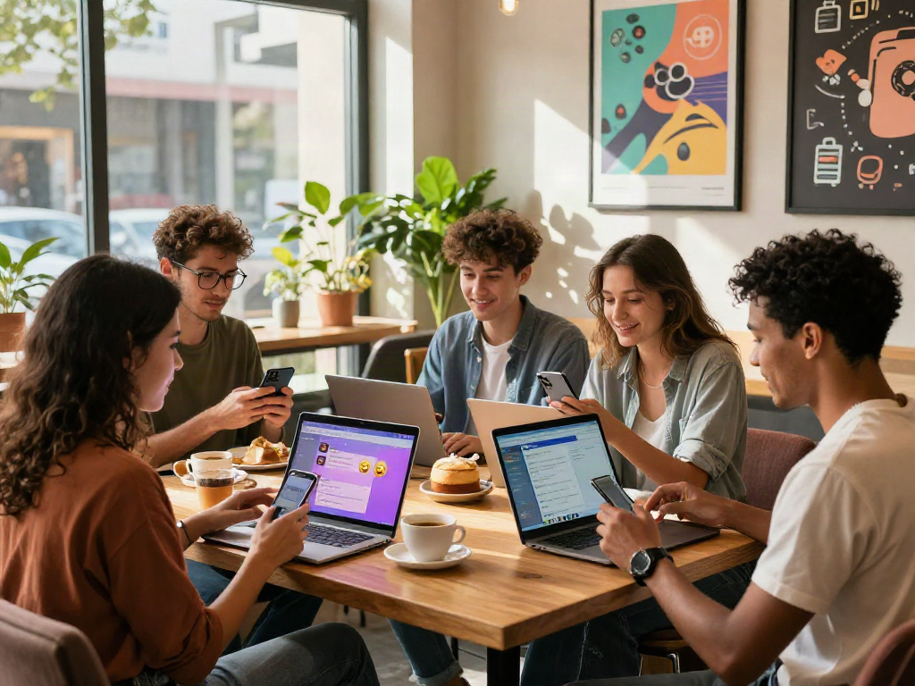 Engaging social networking moment showcasing spicychat interaction in a vibrant café.