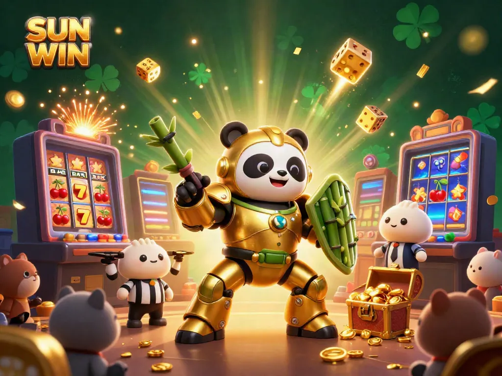 Engage in the thrilling adventures of SUN WIN with cartoon pandas battling in a vibrant casino-themed arena.