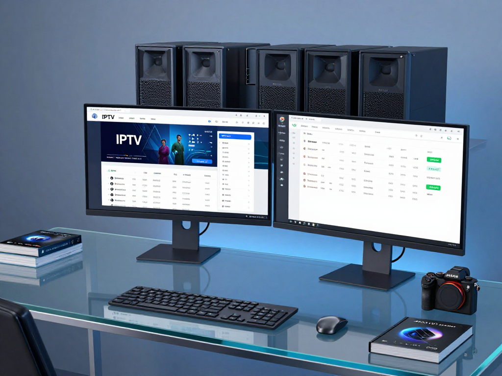 Iptv reseller dashboard showing IPTV management tools, credit systems, and performance analytics in a modern office setup, representing advanced SaaS solutions.