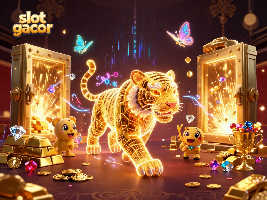 Engage with slot gacor excitement amidst a lively 3D casino scene filled with treasures.