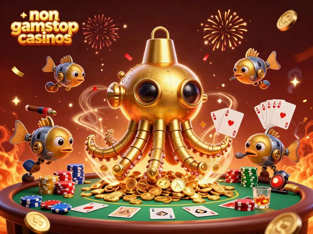 Engaging scene of non gamstop casinos featuring a kraken submarine surrounded by poker elements and golden coins.