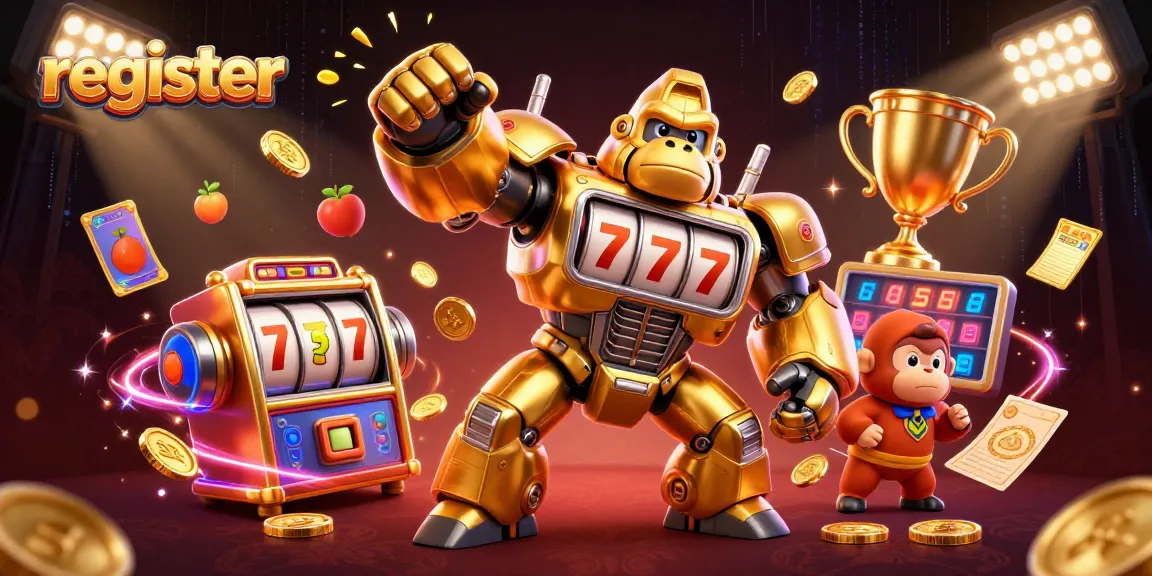 Register for exciting gaming moments with the golden gorilla mech in this dynamic casino scene.