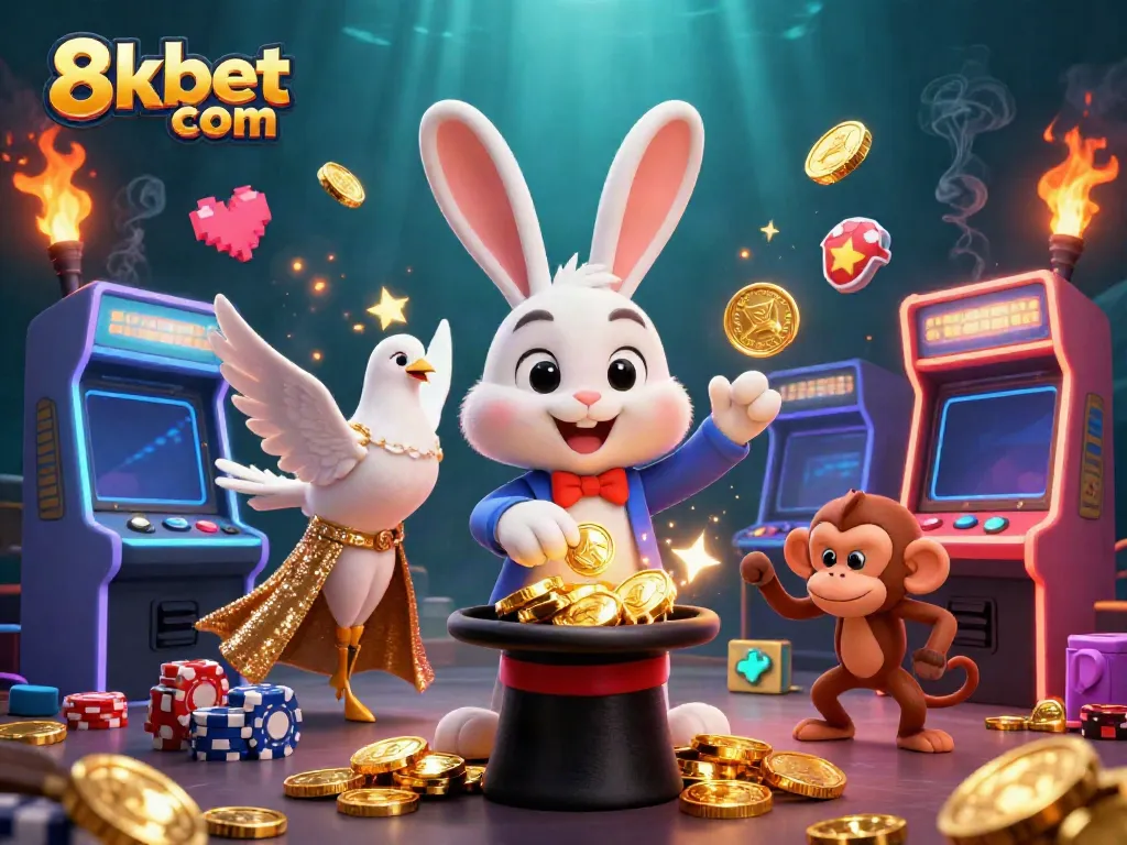 Engage with thrilling moments at 8xbet com in this vibrant 3D casino illustration featuring a magician, dove, and monkey.