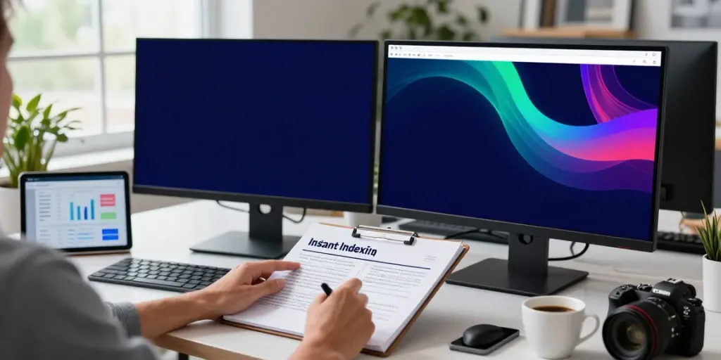 SEO expert using instant indexing strategies in a modern workspace with tech gadgets.