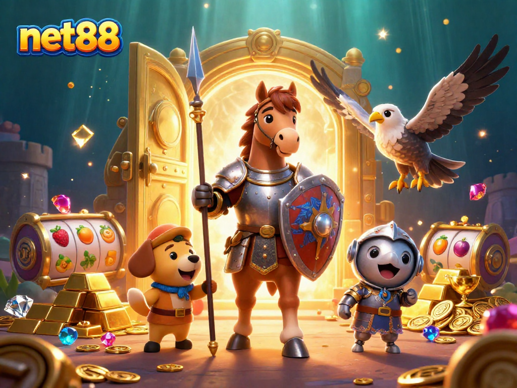 Experience the thrill of gaming riches with net88's vibrant illustration showcasing adventure and treasure.