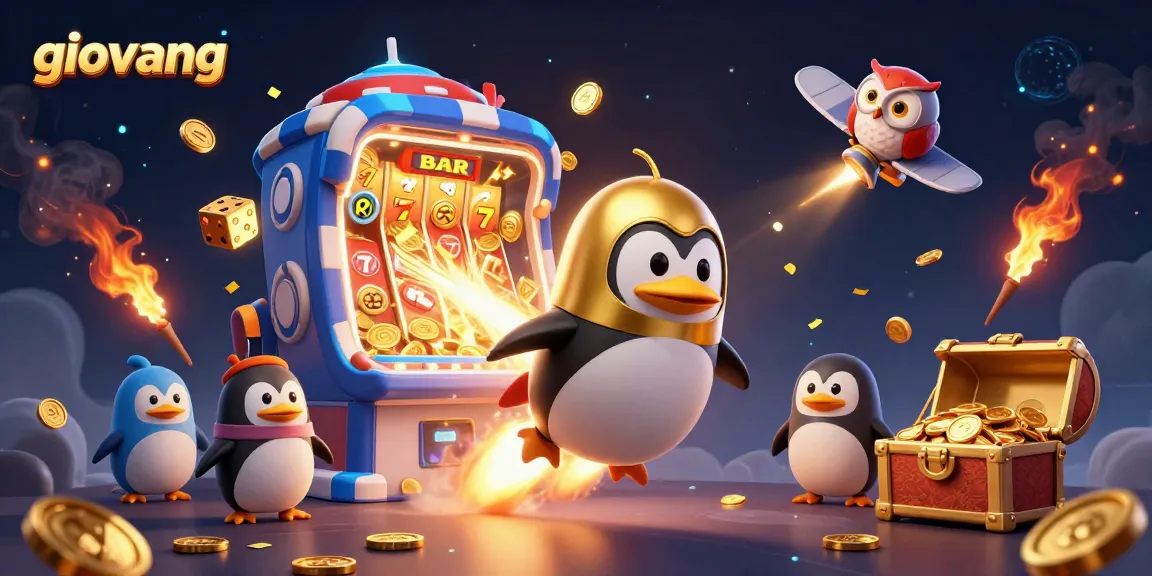 Experience exciting gambling action with giovang as a golden penguin blasts towards a vibrant casino space.