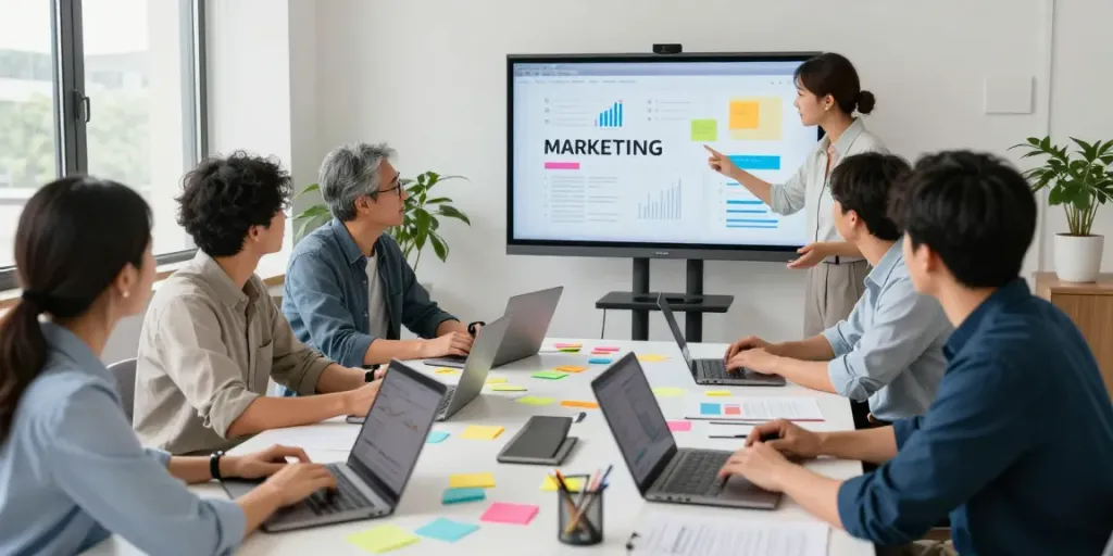 Marketing team brainstorming click over here now strategies in a bright office.