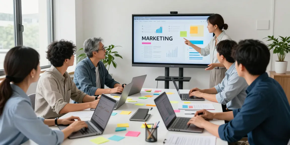 Marketing team brainstorming click over here now strategies in a bright office.