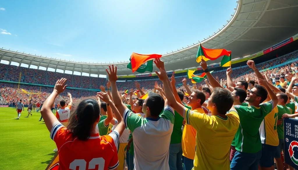 Excited fans cheering at a football match related to joemadfan.com with vibrant colors and dynamic atmosphere.