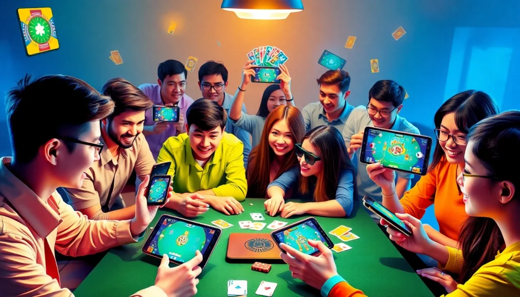 Exciting gaming scene featuring players enjoying gamebaidoithuong.com.vc on digital devices.