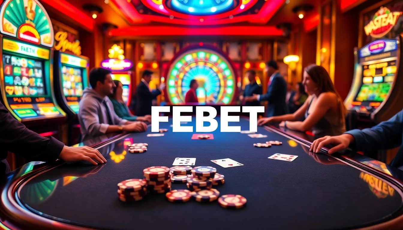 Experience the excitement of FEBET with players at a luxurious poker table amidst vibrant casino elements.