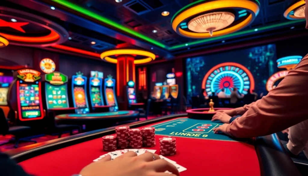 Exciting gameplay with tải LUCK8, vibrant casino scene filled with poker chips and glowing slot machines.