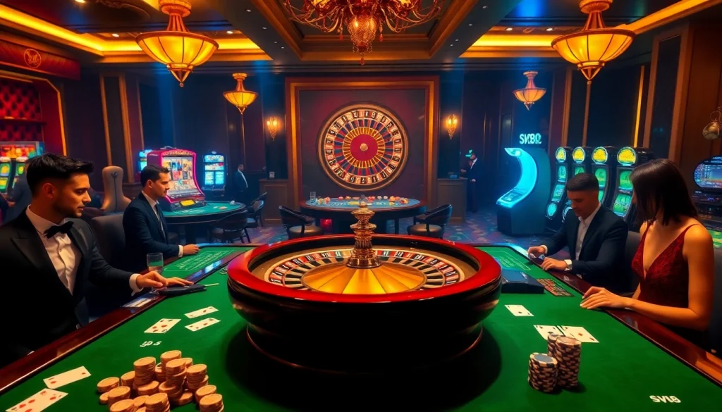 Experience the excitement of SV88 casino with a luxurious roulette scene filled with eager gamblers.